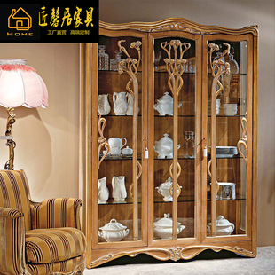 European-Style Neoclassical Dining Room Furniture Birch Carved Transparent Glass Three-Door Wine Cabinet Decorative Cabinet Storage Cabinet Furniture