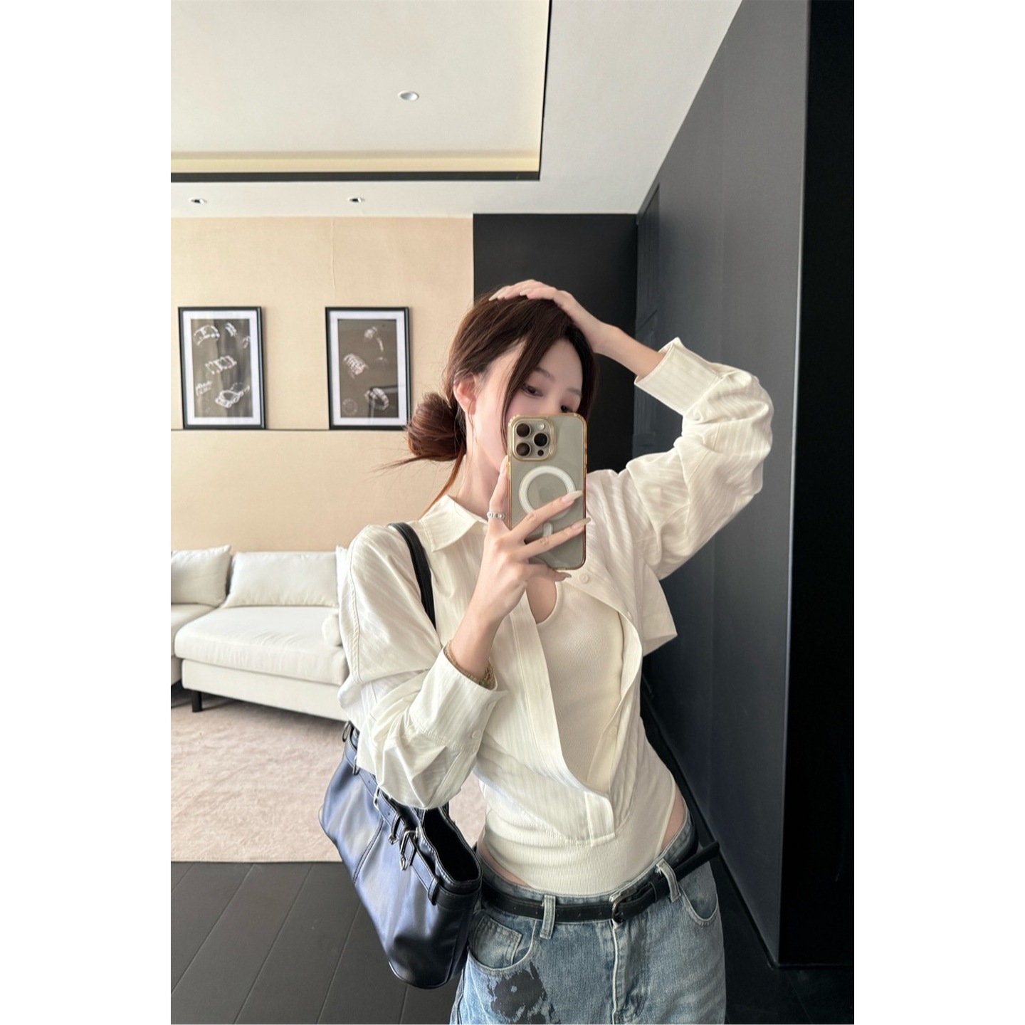 Sunoneone Tencel One-Piece White Shirt Women's Summer French Slim Waist Polo Collar Top Fake Two Pieces