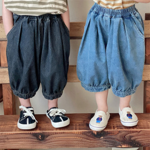 Jiaye Children Pin 2024 новый летний детский хлопчатобумажный джинсовый фонарь для мужчин и женщин свободные укороченные брюки