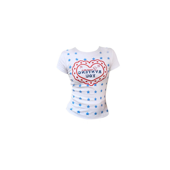 2026 Summer New American Style Spicy Girl Heart-Shaped Star Print Short-Sleeve T-Shirt for Women, Regular Shoulder Fit, Slim Waist, Petite Size