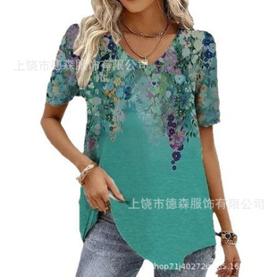 2025 European and American Foreign Trade Short-sleeved Women's V-neck Home Clothes Printed T-shirt