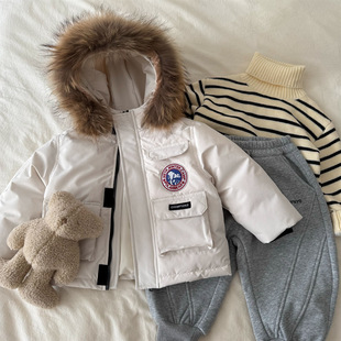 in stock children's down jacket 2024 winter new men's and women's children's clothing wool collar down jacket baby hooded coat