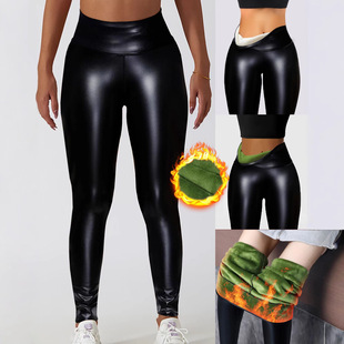 Lambskin Leather Pants Women's Outer Wear fleece-lined Thickened Leggings High Waist Slimming Tight plus size PU Leather Warm Pants