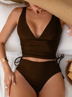 2025 Europe and the United States foreign trade cross-border new solid color gathered backless drawstring boxer shorts tight split swimsuit women's suit
