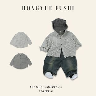 Processing and Customization ~ Children's Cotton and Linen Shirts 2024 New Baby Stripesd Shirts for Boys and Girls Lapel Shirts Autumn Clothing