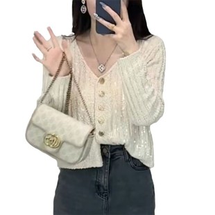 2025 Early Spring New Fashion Elegant Slim Thin Sweater Women's Short Sequin V-neck Knitted Cardigan