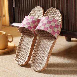 Checkerboard Linen Slippers Women's Summer Home Indoor Non-slip Couple Cotton and Linen Floor Slippers Soft Bottom Slippers Men's Wholesale