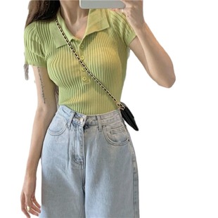 2024 summer new high waist short tight polo collar sweater top thin white ice silk short sleeve T-shirt
