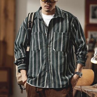 Japanese retro artistic casual loose contrast color couple shirt spring, autumn and winter New simple striped shirt men's long sleeve