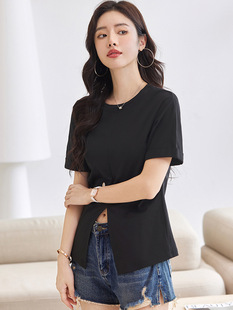 Cotton Short-sleeved Women's T-shirt Slit Small Sexy Double-sided mercerized Cotton All-match Korean-style Turnaround Cuff Head Women's Top