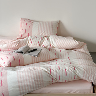Simple Cream Style Jacquard Cotton Washed Cotton Bedding Girl's Heart Pink Cotton Quilt Cover Bed Sheet Three or Four Piece Set
