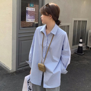 2024 Spring and Summer Blue Shirt Top Women's Western Style Student Wear Loose All-match Long-sleeved Shirt