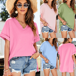 Cross-border Amazon European and American Women's 2023 Summer New Solid Color V-neck Short Sleeve Front Short Back Long Split Top Women