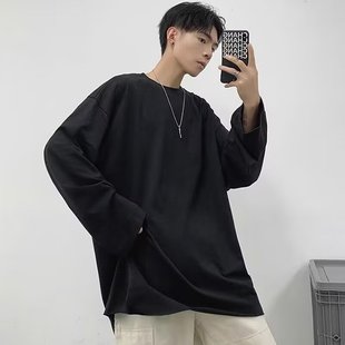 White T-shirt Men's Long-sleeved Spring and Autumn Loose Casual Base Shirt Trendy Brand Ins Hong Kong Style Korean-style All-match Solid Color Top