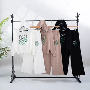 Cross-border New Fashion Letter Hooded Knitted Pullover Top Wide Leg Pants Two-piece Embroidered Letter All-match Trend