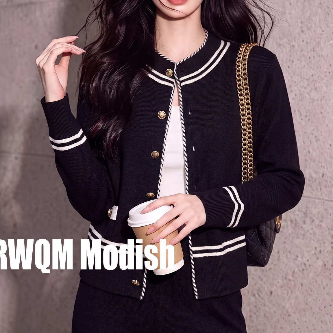 Black College Style Women's Short Coat, Fall 2026 New Model, Striped Contrast Color Versatile Knitted Cardigan Top