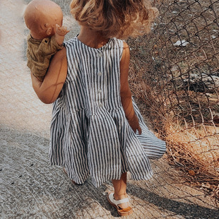 Nordic Style Yarn-dyed Striped dress 25 Summer Crewneck Button A- Line Skirt Women's Treasure Sleeveless Vest Cotton and Linen Skirt