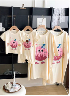 2025 Summer New Cyber Celebrity Parent-Child Suit Family of Three Cartoon T-Shirt Short-Sleeved Loose Top Baby Climbing Suit