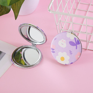 New round sunflower folding mirror cute student folding mirror double-sided pu makeup mirror handheld mirror ladies makeup