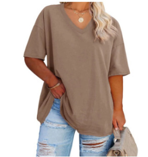 Cross-border European and American Women's 2024 Amazon Foreign Trade Printed Short-sleeved Side Pleated V-neck Short-sleeved Women's T-shirt
