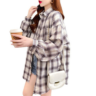 Large size cardigan top spring and autumn Korea cross-border loose Hong Kong style retro plaid casual shirt coat women's wholesale