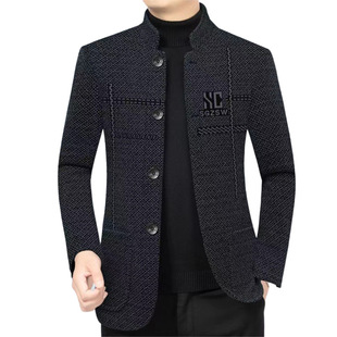 Autumn and Winter 2024 fleece-lined Thickened Middle-aged Men's Business Casual Collar Coat Dad's Woolen Coat Loose Suit