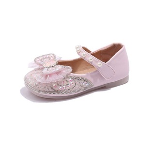 Girls' princess shoes 2023 Spring and Autumn New bow rhinestone leather shoes soft bottom Western style crystal baby girls' shoes