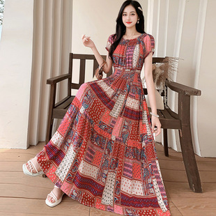 Human Cotton Silk Floral dress Shoulder Summer Dress Ethnic Style Loose Waist Beach Skirt Bohemian Long Skirt