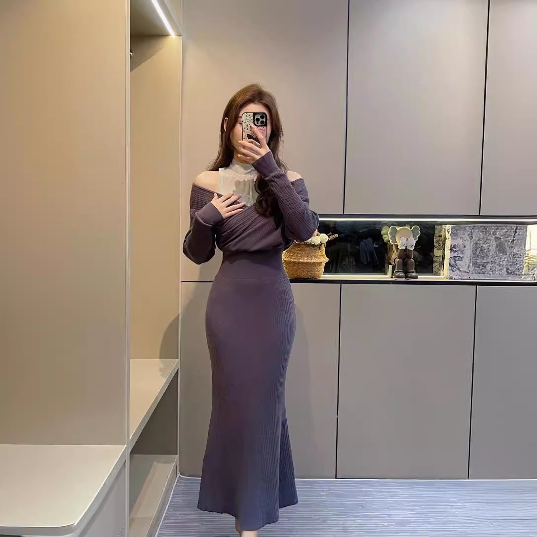 [Yibai] 2024 Autumn/Winter New Sheer Shirt Collar Off-Shoulder Patchwork Sweater Mermaid Dress 860