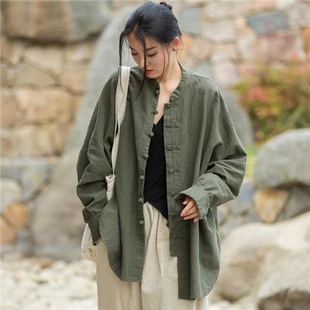 Retro buckle National style coat top for women 2023 new artistic Zen tea clothes cotton coat mid-length cardigan