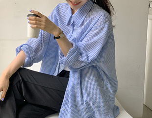 South Korea chic Gentle Lazy Lapel Single-Breasted Bubble Textured Plaid Loose Anti-Sunscreen Mid-Long Shirt