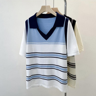 Contrast Color Striped Women's 2025 New Spring and Summer Fake Two-piece Top Knitted Shirt Academy Style Loose Short-sleeved T-shirt for Women