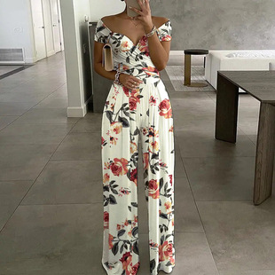 Amazon Spring New European and American Women's Distinctive Casual off-shoulder Fashion Printed Elegant High Waist Pants