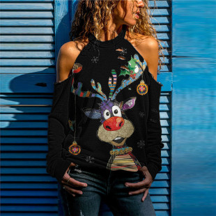 2021 European and American Amazon ebay Independent Station New Christmas Women's Hole Hollow Long Sleeve T-shirt Top
