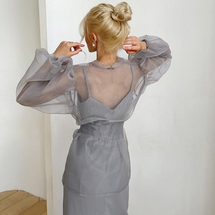 2025 spring and summer European and American fashion women's loose transparent sexy blouse bubble sleeve shirt lace-up mesh top