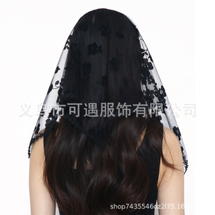 Cross-border New Black Rose Gauze Turban White Silk Floral Muslim Shawl Headwear Veil Triangle Turban