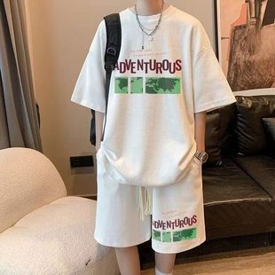 Men's Casual Sports suit Summer Fashion Brand Youth Loose plus size Handsome Waffle Short-sleeved Shorts Set