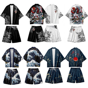 Трансграничные новые креативные иллюстрации Ukiyo-e cos перо плащ перо вязание кимоно шорты набор с цифровой печатью 3D