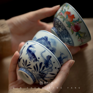 Antique Blue and Flower Tea Tasting Cup Tea Cup Large Jingdezhen Ceramic Kung Fu Tea Set Wide Mouth Cup Master Cup Single Household
