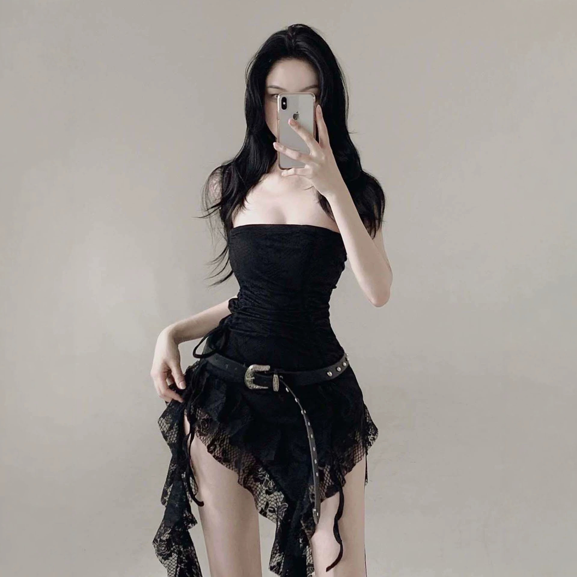 Factory In-Stock Hot Girl Style Lace Irregular Summer Women's Tube Top Layered Tank Top Sexy Waist-Cinching Ribbon Dress