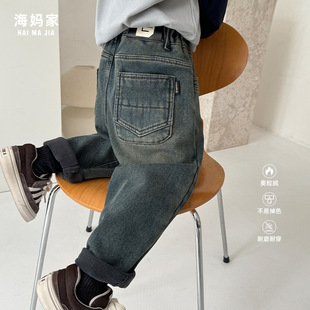 2024 autumn and winter new haima children's clothing boys fleece-lined jeans children's washed retro blue winter pants tide