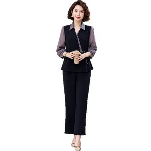 Middle-aged and elderly women's new lapel two-piece top elastic band pants spring western style suit mother top pants