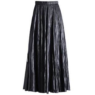 2024 Autumn and Winter New Fashion Vintage Pleated Leather Skirt Skirt Women's High Waist Flesh Covering Slimming Big Swing A- line Skirt Trendy