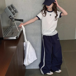 Korean Style Women's Colored Round Neck Embroidered T-Shirt 2025 Summer New Children's Western Style Lace Trendy Pants