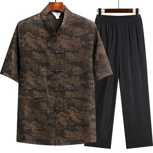 Middle-aged Tang Men's Half-sleeved Middle-aged Dad Grandpa Summer Ice Silk Short-sleeved Casual Shirt Chinese Style suit