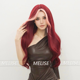 Wig Women's Mid-length Curly Hair wine red Bangs Stacky Upgraded Hair Stitching Comfortable Full-head Wig for Daily Wear