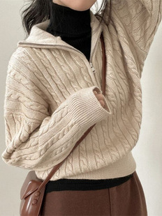 South Korea casual autumn and winter new sweater top women's retro twist zipper lazy long sleeve pullover sweater coat