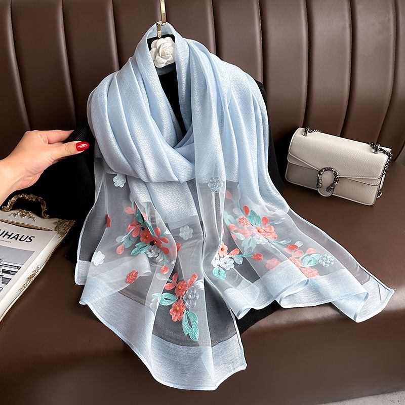 2024 New embroidery artificial silk scarf women's spring and autumn versatile embroidered scarf elegant versatile thin decorative long scarf