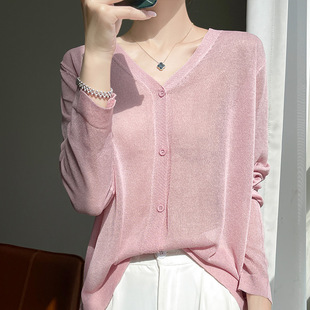 Summer Thin Knitted V-Neck Cardigan Women's Fashion Air Conditioner Sunscreen Shirt Fashion Korean Style Quzhu Ice Silk Shirt