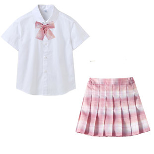 Girls' round neck shirt summer Middle and big children college style pleated skirt short sleeve two-piece school uniform class uniform student white shirt